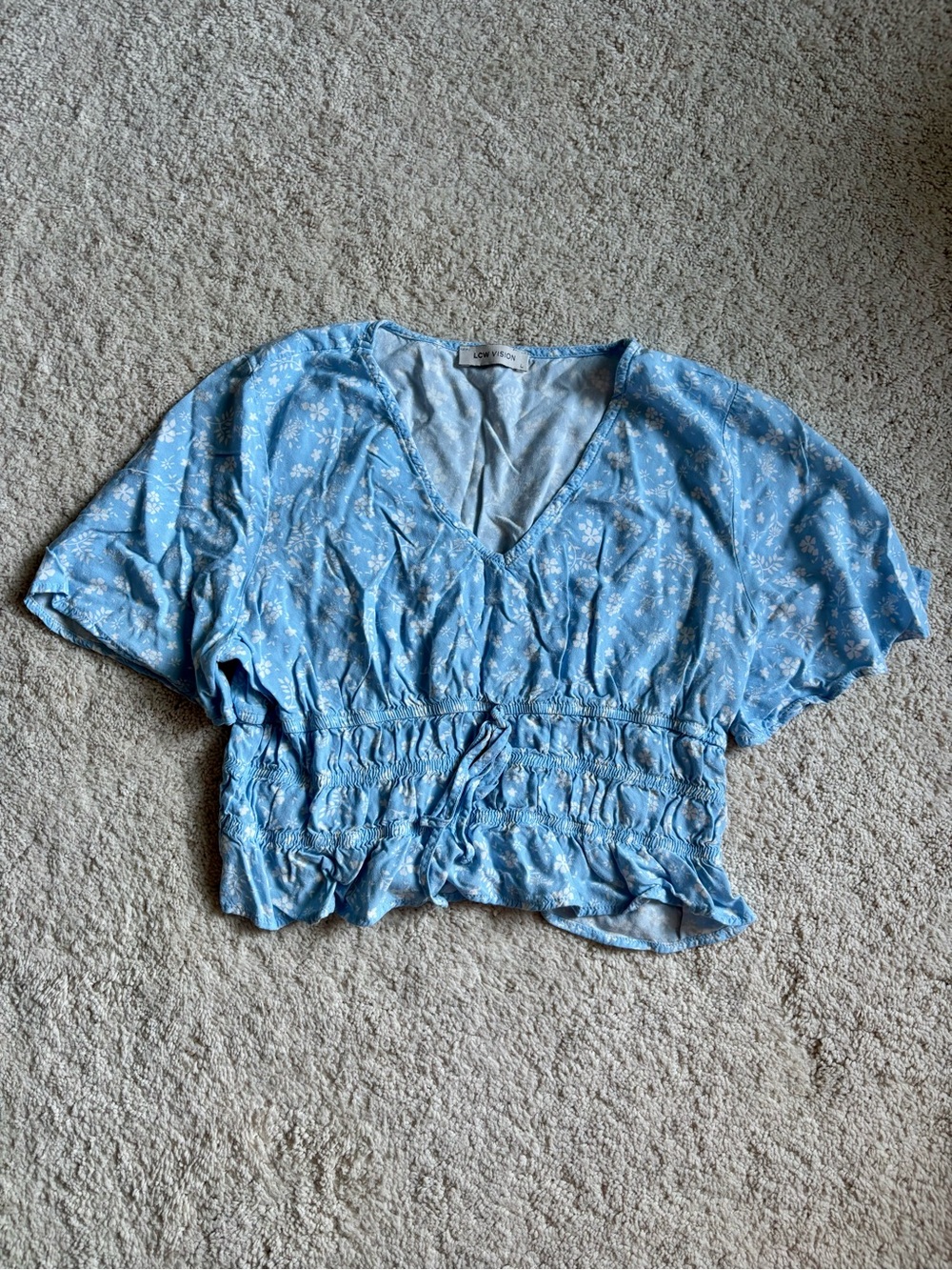 LC Waikiki Light Blue Floral V-Neck Smocked Crop Top Size L